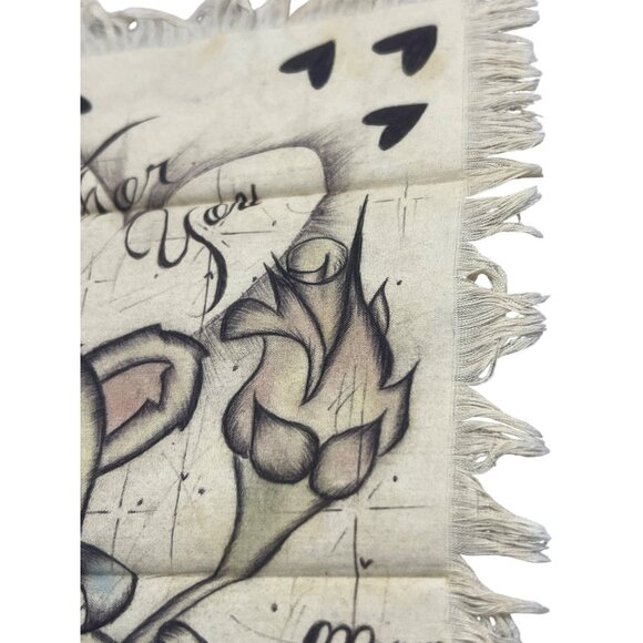 Vtg Hand-Drawn Fringed Fabric Art Teddy Bear Rose For You Text Sentimental Gift - Picture 4 of 7
